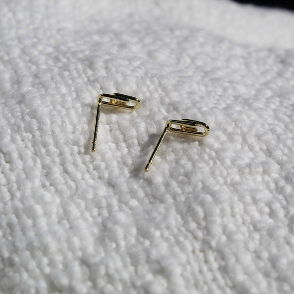 Sterling Silver Dainty Gold Paper Clip Stud Earrings - Picture 5 of 10
